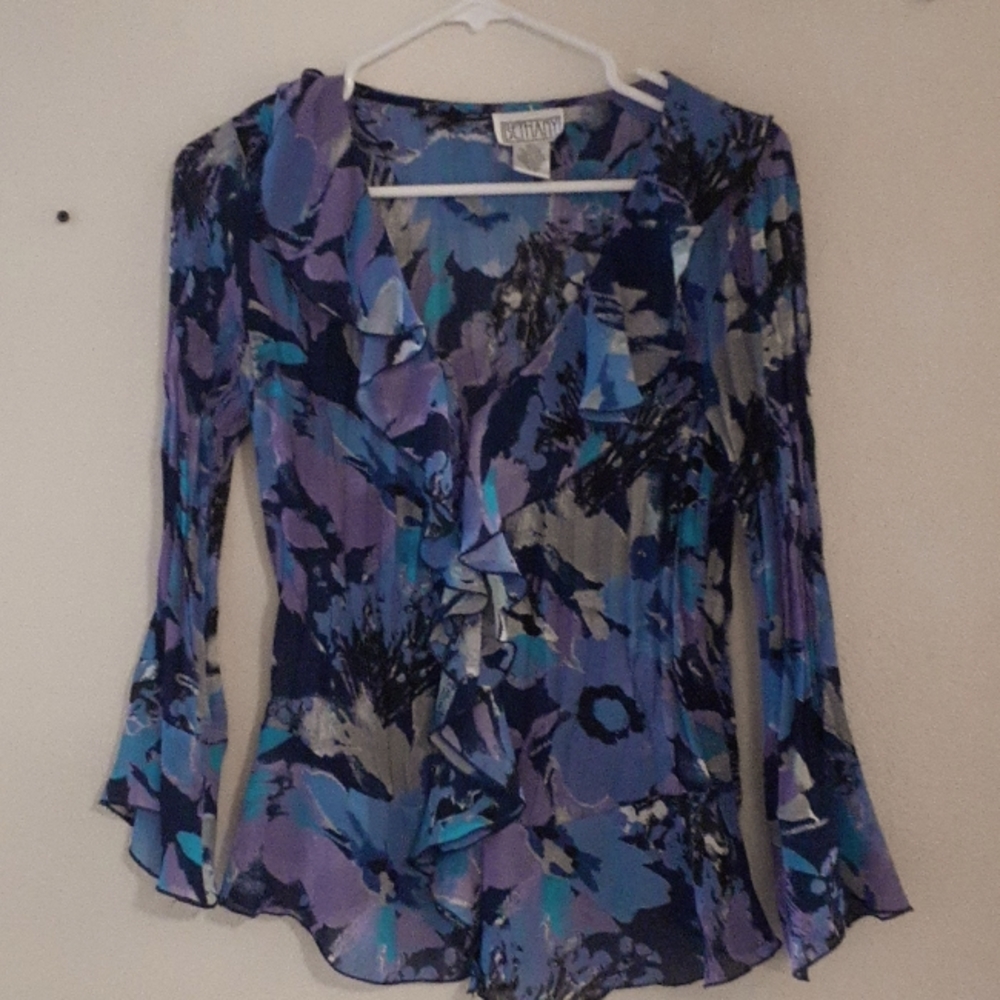 Ruffle blouse, long sleeve, print, purple, blue, gray, pullover